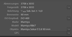 Anzeige der hinzugefügten EXIF-Daten in Lightroom